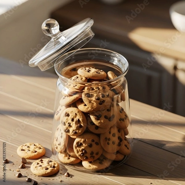Obraz Clear Glass Cookie Jar Filled with Chocolate Chip Cookies on Wooden Table