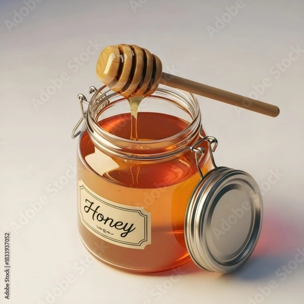 Obraz Jar of Natural Golden Honey with Dipper and Metal Clasp Lid Isolated on White
