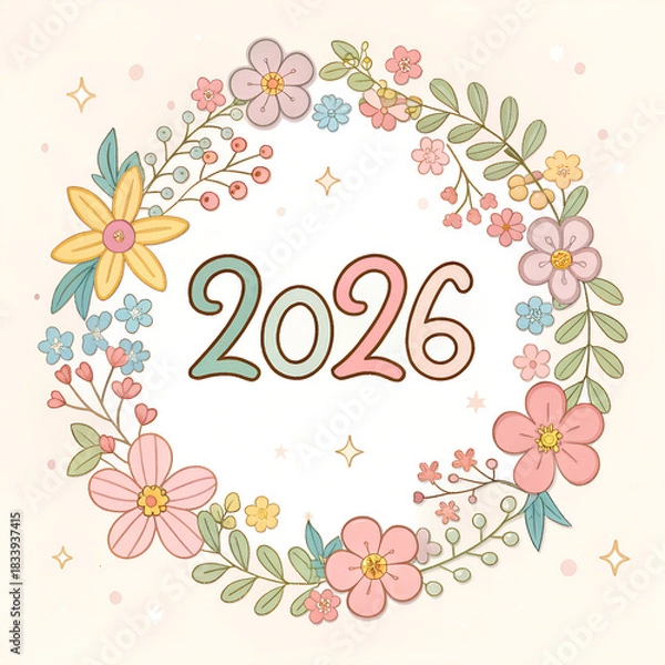 Fototapeta A circular arrangement of soft pastel flowers and leaves frames the text 'Happy New Year 2026' on a white background, a beautiful blooms, a delicate floral wreath.