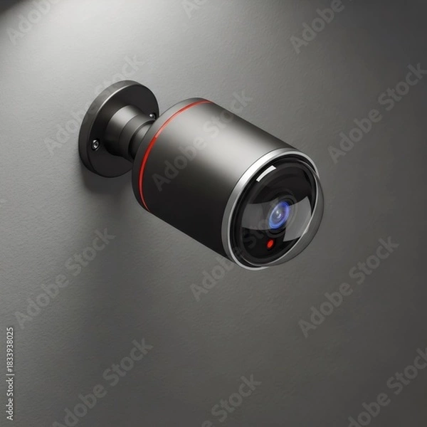 Obraz Modern Security Camera Mounted on Wall with Red Indicator Light Dark Background