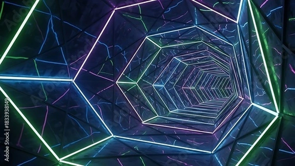 Obraz “geometric hexagon tunnel with neon edges, deep sci-fi corridor perspective, glowing digital symmetry, futuristic holographic passage design