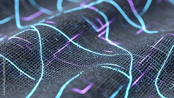 Obraz “flowing neon mesh waves forming digital curvature surface, glowing cyber lines, futuristic sci-fi movement texture, smooth abstract energy field”