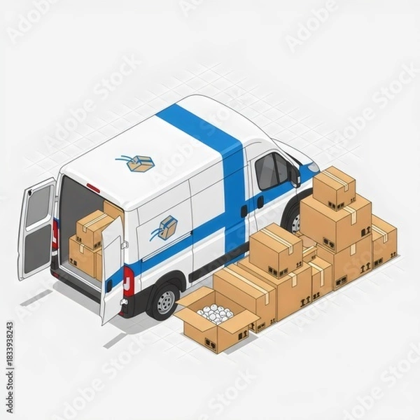 Obraz Delivery Van with Open Doors and Stacked Cardboard Boxes Logistics 3D Isometric