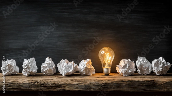 Fototapeta Innovation symbol with glowing bulb and rejected ideas