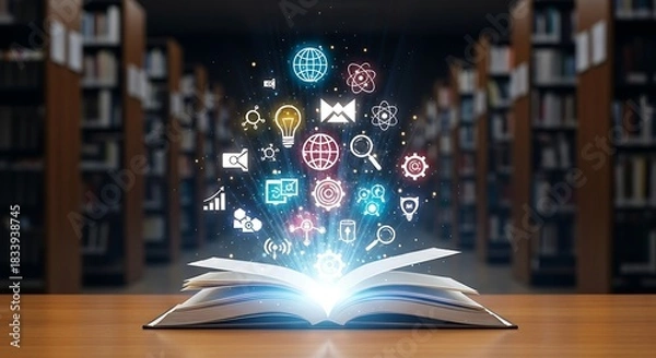 Obraz Open book in library radiating digital icons of knowledge, ideas, science, and technology, symbolizing learning and discovery