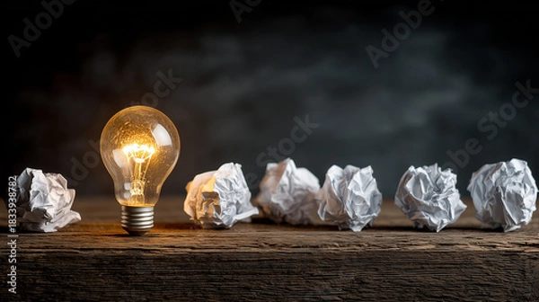 Fototapeta Light bulb inspiration scene with failed paper attempts