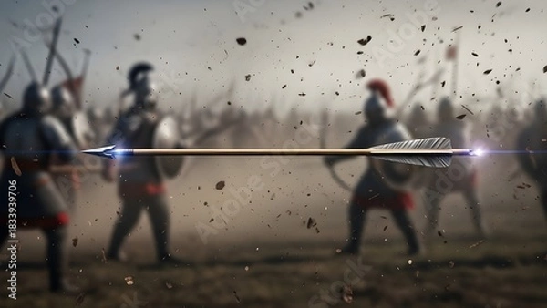 Fototapeta Arrow in Battlefield: An arrow streaks through the air on a historical battlefield, the center of conflict amid the chaos of the army. capturing the drama, tension, and peril of battle.