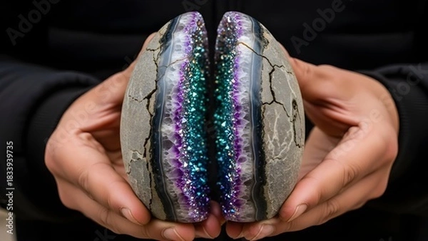 Fototapeta Sparkling Geode: A geological marvel of a geode, split open to reveal a dazzling interior of crystals. The unique stone is cradled, displaying the raw beauty of earth's treasures.