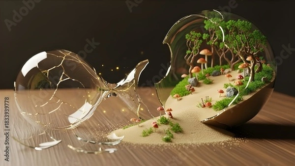 Fototapeta Shattered Dreamscape: A broken glass bowl revealing a miniature woodland scene. The delicate dance between destruction and creation is on display.