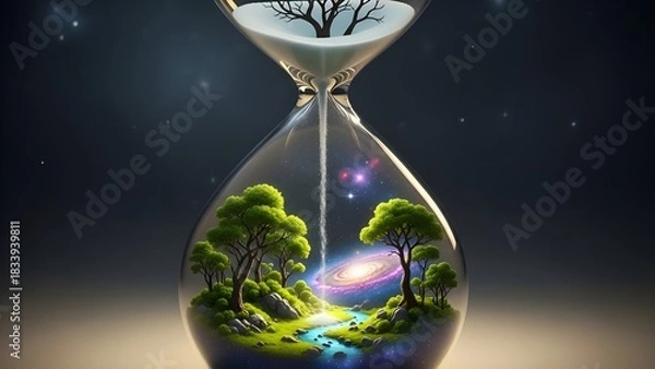 Fototapeta Hourglass of Time: A mesmerizing view of the cycle of life within a delicate hourglass, where time is captured within the glass as a reflection of nature's beauty and the passage of epochs.