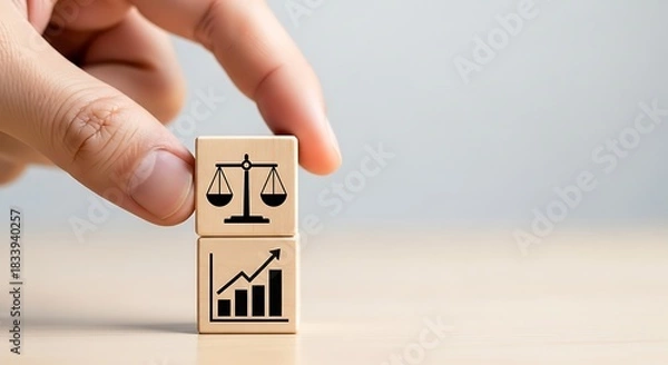 Obraz Hand stacking wooden blocks with icons for balancing business growth and legal justice