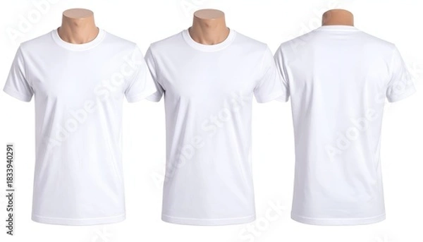 Fototapeta Front, side, and back views of a plain white, short-sleeved t-shirt on a mannequin