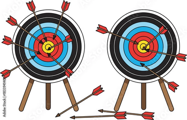 Fototapeta Colorful vector illustration of two archery targets on stands filled with many arrows for practice scenes