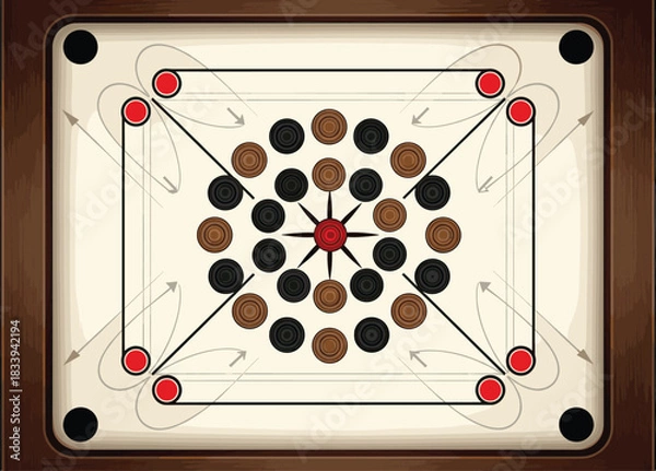 Fototapeta Top-down realistic vector of traditional Carrom board with wooden frame, strikers, pockets, and center design
