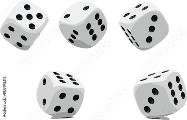 Fototapeta Realistic vector set of six white dice tumbling in mid-air representing chance, luck, gaming themes