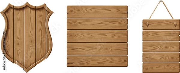 Fototapeta Realistic vector set of wooden sign shapes including shield, plank banner, and rope-hanging plaque