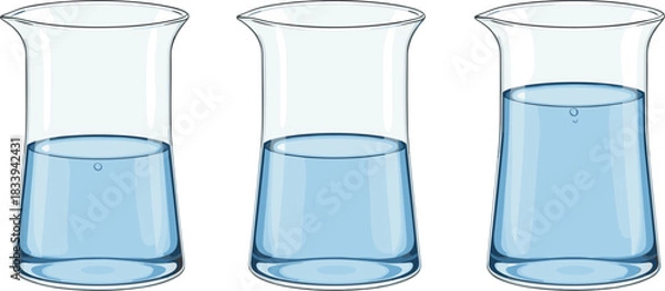 Fototapeta Set of three laboratory beakers with blue water at different levels illustrating volume and liquid capacity.
