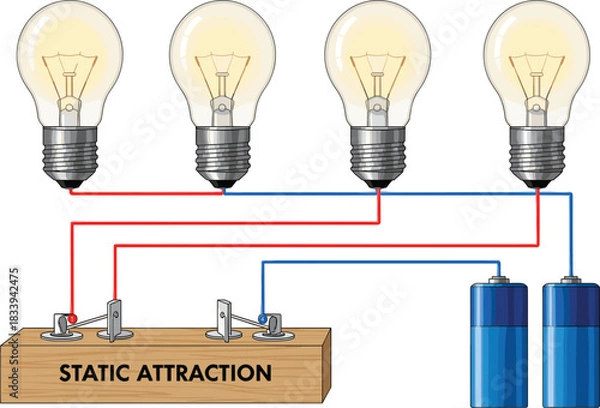 Fototapeta echnical diagram of open parallel circuit with four bulbs, two batteries, switches illustrating static attraction