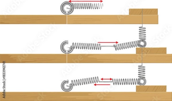Fototapeta Three-stage physics diagram of spring tension showing compression, equilibrium, and extension with force arrows