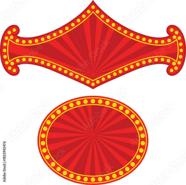 Fototapeta A vibrant vector set of two red retro-style banners, one curved and one oval, illuminated by yellow marquee lights, perfect for circus, theater, casino, and grand opening sign designs.