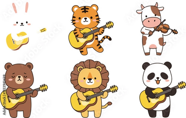 Fototapeta An adorable collection of six cartoon animal characters playing various musical instruments, including the guitar and violin, perfect for children's designs, parties, and musical education graphics.