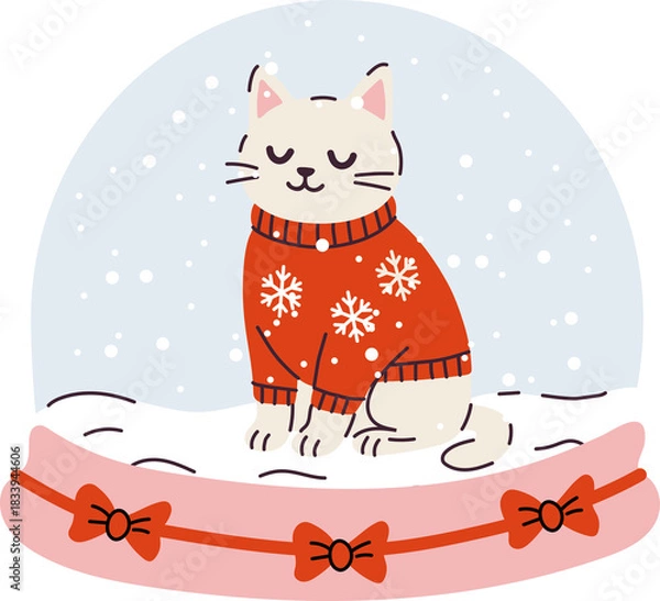 Fototapeta Cozy cat in a snow globe with a festive sweater