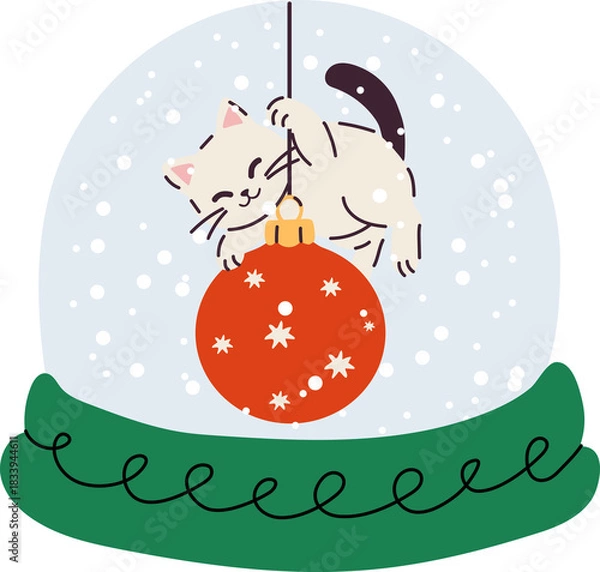 Fototapeta Cat hanging from a Christmas ornament inside a snow globe