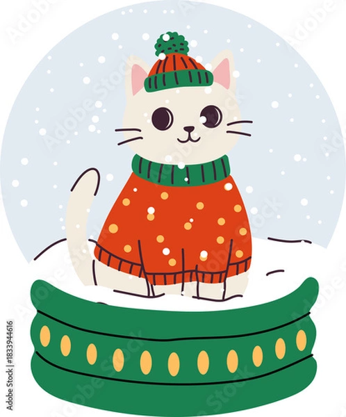 Fototapeta Cute cat in a snow globe with winter sweater