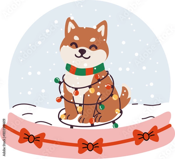 Fototapeta Shiba Inu wrapped in Christmas lights inside a snow globe