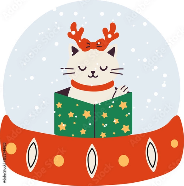 Fototapeta Cat in a snow globe wearing reindeer antlers and reading a book