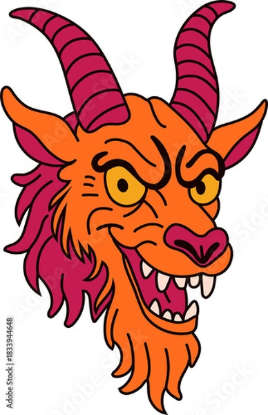 Fototapeta Angry Demon Head with Spiraled Horns and Sharp Teeth Design