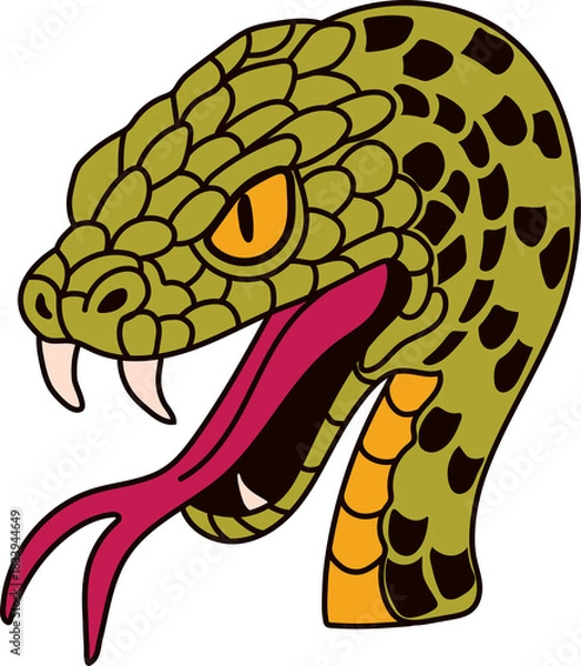 Fototapeta Menacing Snake Head with Scales, Yellow Eyes, and Red Tongue