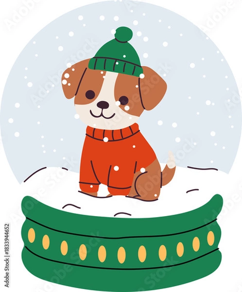 Fototapeta Puppy wearing a red sweater and green hat inside a snow globe