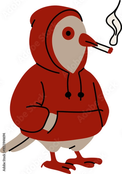 Fototapeta Cool pigeon in a red hoodie with a cigarette