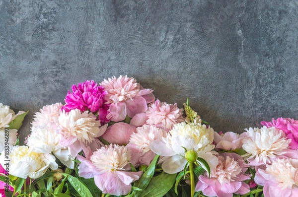 Obraz Happy mothers day or birthday greeting card template. Frame of white, pink and purple peony flowers on a gray background; copy space