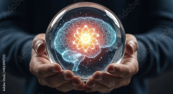 Obraz Envisioning Intelligence A Luminous Brain with Atomic Energy Held within a Crystal Ball