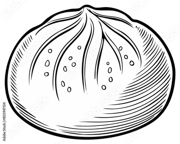 Obraz Detailed black and white line art drawing of a delicious Asian steamed bun or dumpling