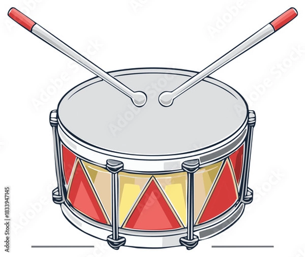 Obraz Vibrant cartoon snare drum with red drumsticks ready for a musical performance illustration for percussion concepts