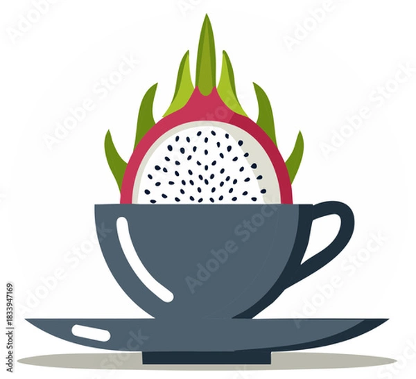 Obraz A fresh sliced dragon fruit served inside a modern dark teacup as a healthy exotic beverage concept