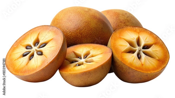 Obraz Fresh sapodilla fruit, whole and halved, with visible seeds