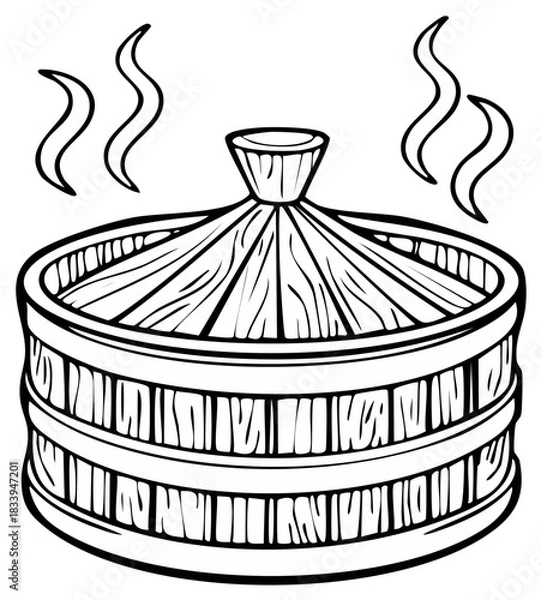 Obraz Steamer pot with a wooden lid and rising vapor in a simple black and white line art illustration