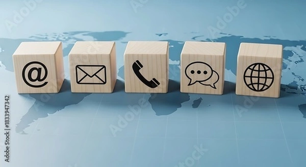 Obraz Business contact and communication methods shown with icons on wooden blocks over a world map