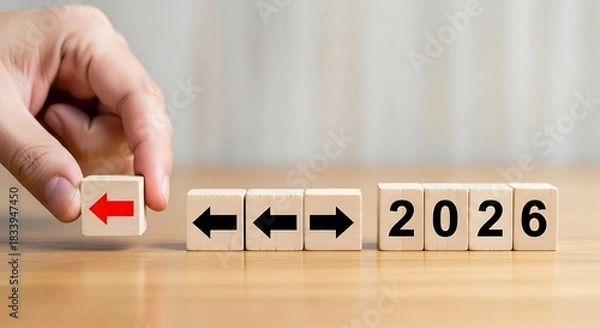Obraz Preparing for the Year 2026 Hand Placing Block with Arrow, Forecasting Ahead