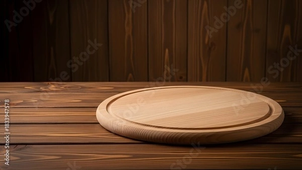 Fototapeta Wooden cutting board on rustic tabletop for food presentation and display