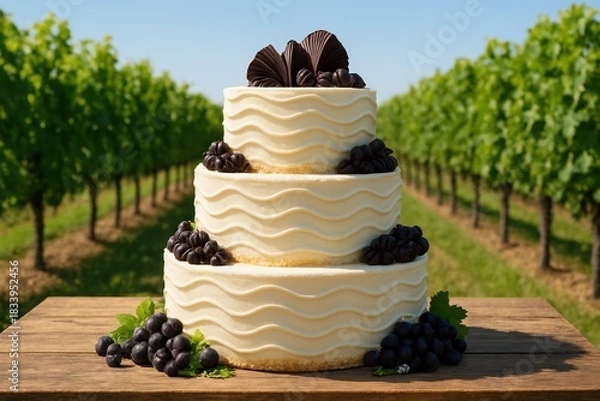 Fototapeta A refined three-tier semi-naked cake with wave-like buttercream frosting and elegant dark chocolate decorations, placed on a rustic wooden table in a bright vineyard