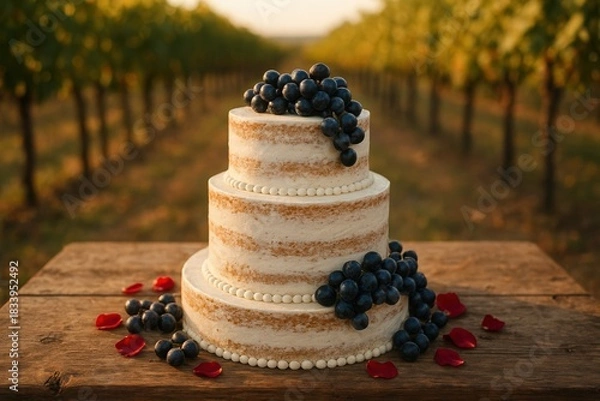 Fototapeta A rustic three-tier semi-naked cake decorated with dark grapes and red rose petals sits on a wooden table in a sunlit vineyard, bathed in warm golden light that evokes a countryside celebration.