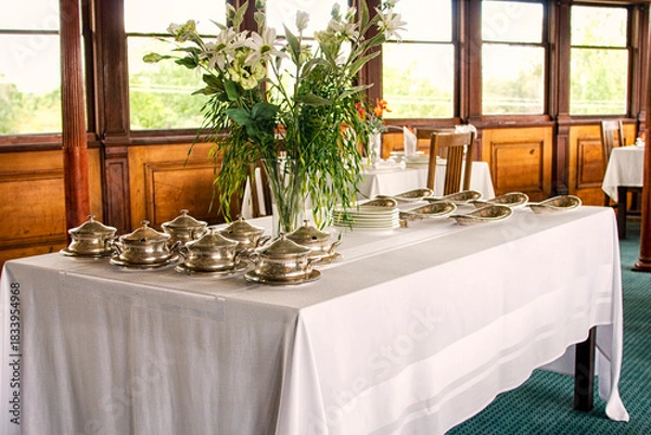 Fototapeta Serving table at luxurious restaurant