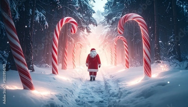 Fototapeta Santa Claus walking through a magical snowy forest lined with giant candy canes brings holiday cheer and festive joy for Christmas celebrations