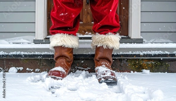 Fototapeta Santa's boots leave snowy footprints on a Christmas Eve visit delivering joy and gifts, creating a magical holiday scene for children and families
