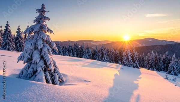 Fototapeta Breathtaking winter wonderland sunset with snow covered trees and majestic mountain views, perfect for travel, holidays, and creating a serene atmosphere